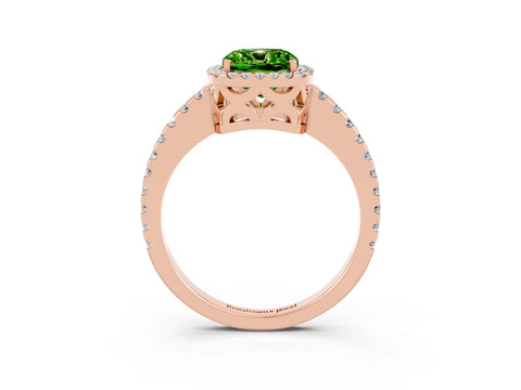 Rose gold Cushion Cut Peridot Halo Engagement Ring with Pavé Band and Prong Setting_15
