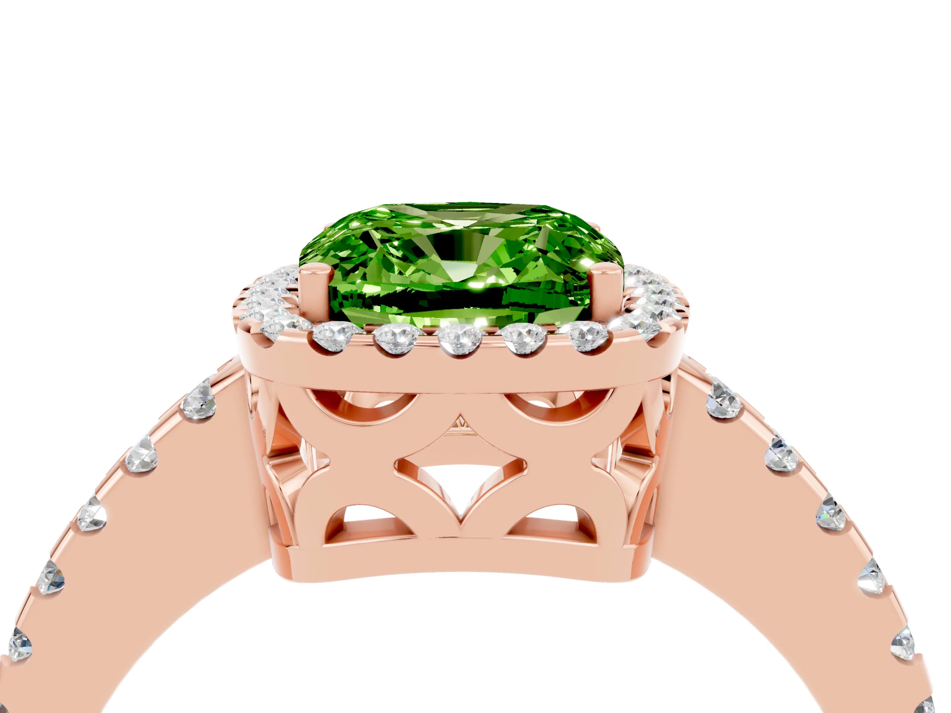 Rose gold Cushion Cut Peridot Halo Engagement Ring with Pavé Band and Prong Setting_16
