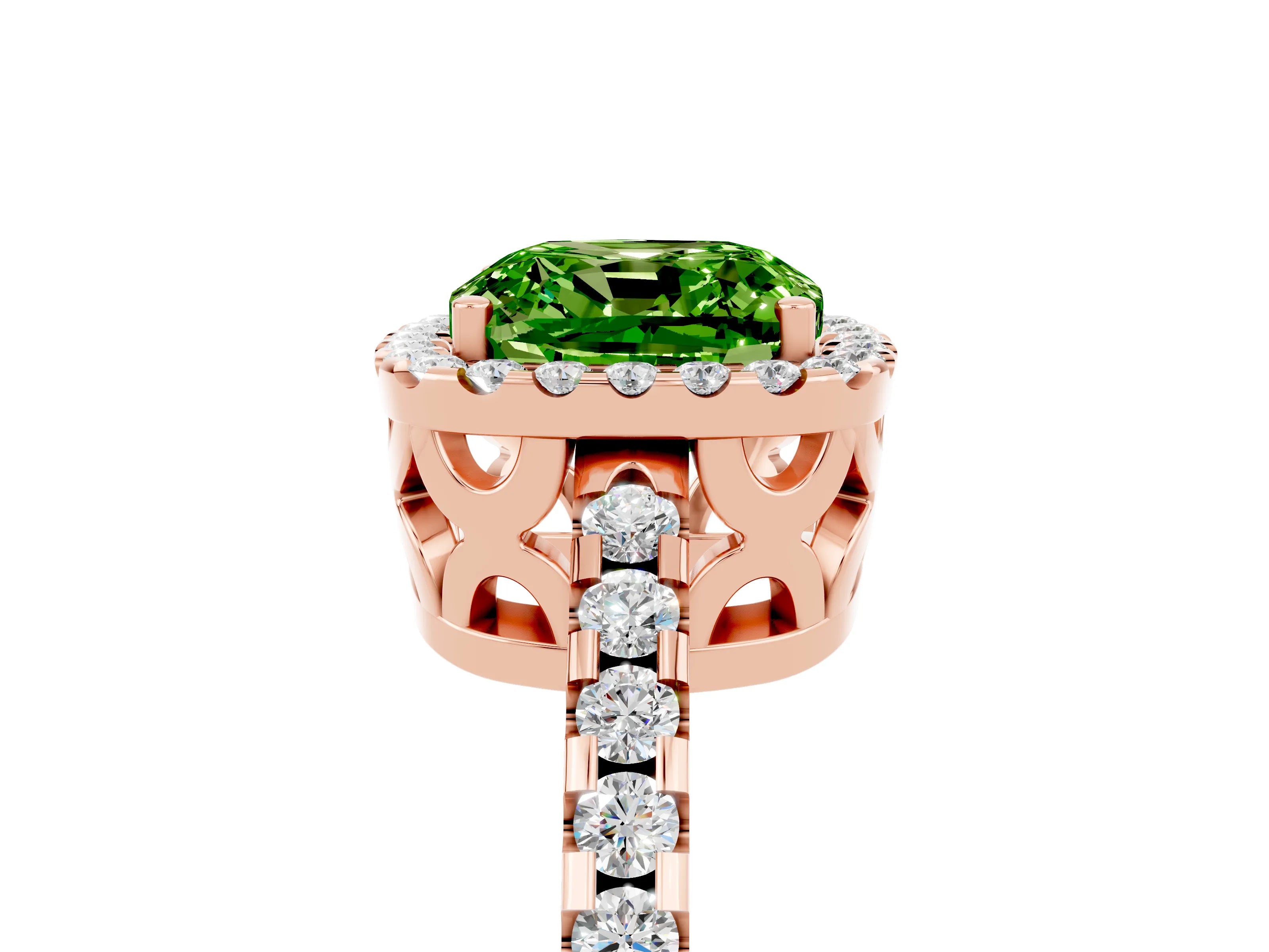 Rose gold Cushion Cut Peridot Halo Engagement Ring with Pavé Band and Prong Setting_17