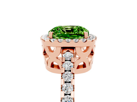 Rose gold Cushion Cut Peridot Halo Engagement Ring with Pavé Band and Prong Setting_17