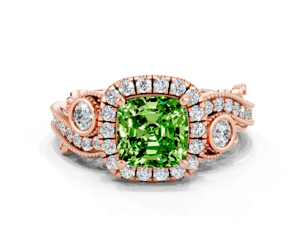 Rose gold Cushion Cut Peridot Halo Ring with Milgrain Pavé Band and Four-Prong Setting