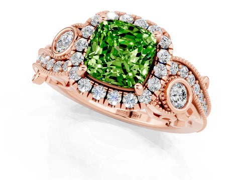 Rose gold Cushion Cut Peridot Halo Ring with Milgrain Pavé Band and Four-Prong Setting_13