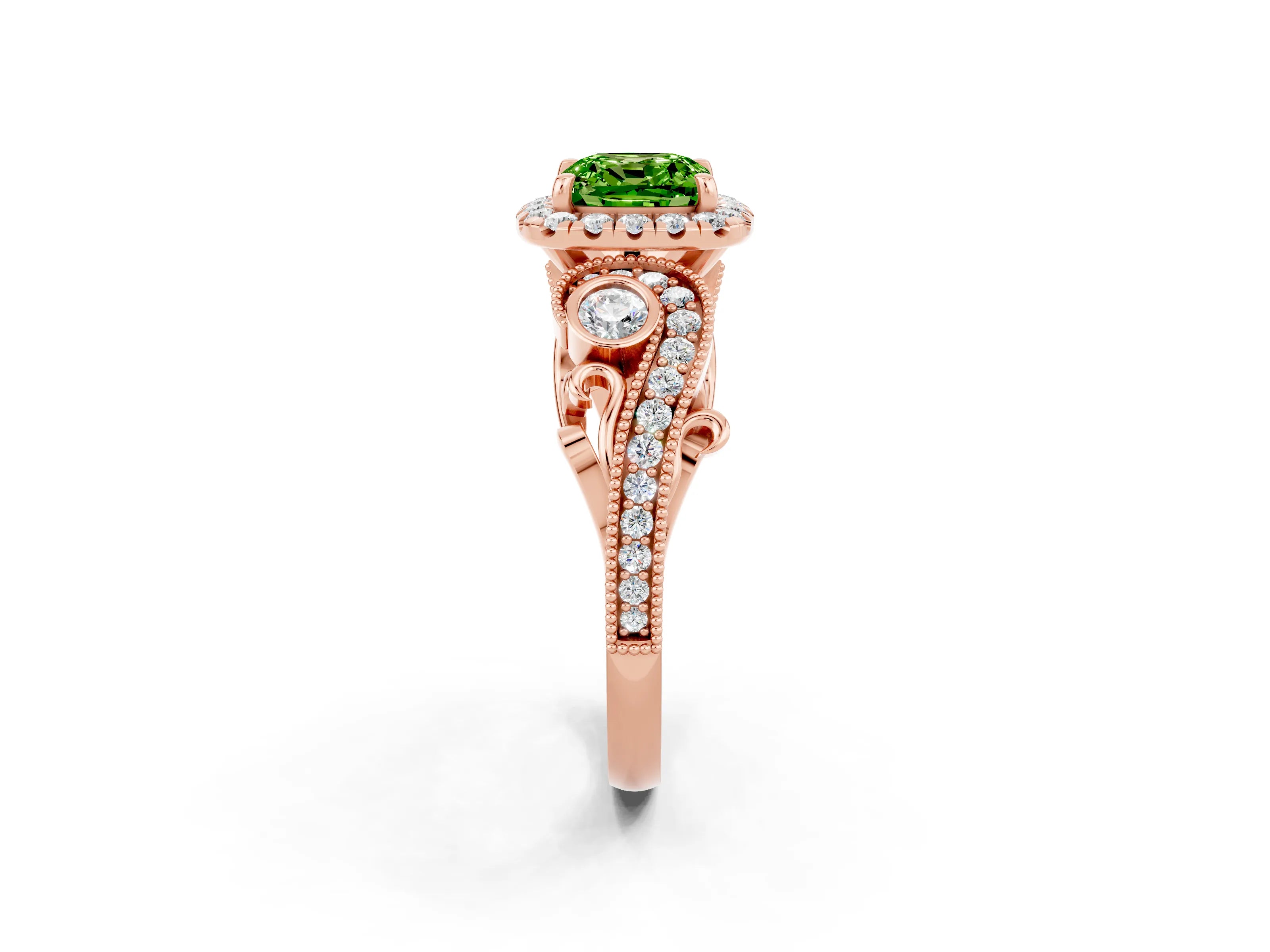 Rose gold Cushion Cut Peridot Halo Ring with Milgrain Pavé Band and Four-Prong Setting_14