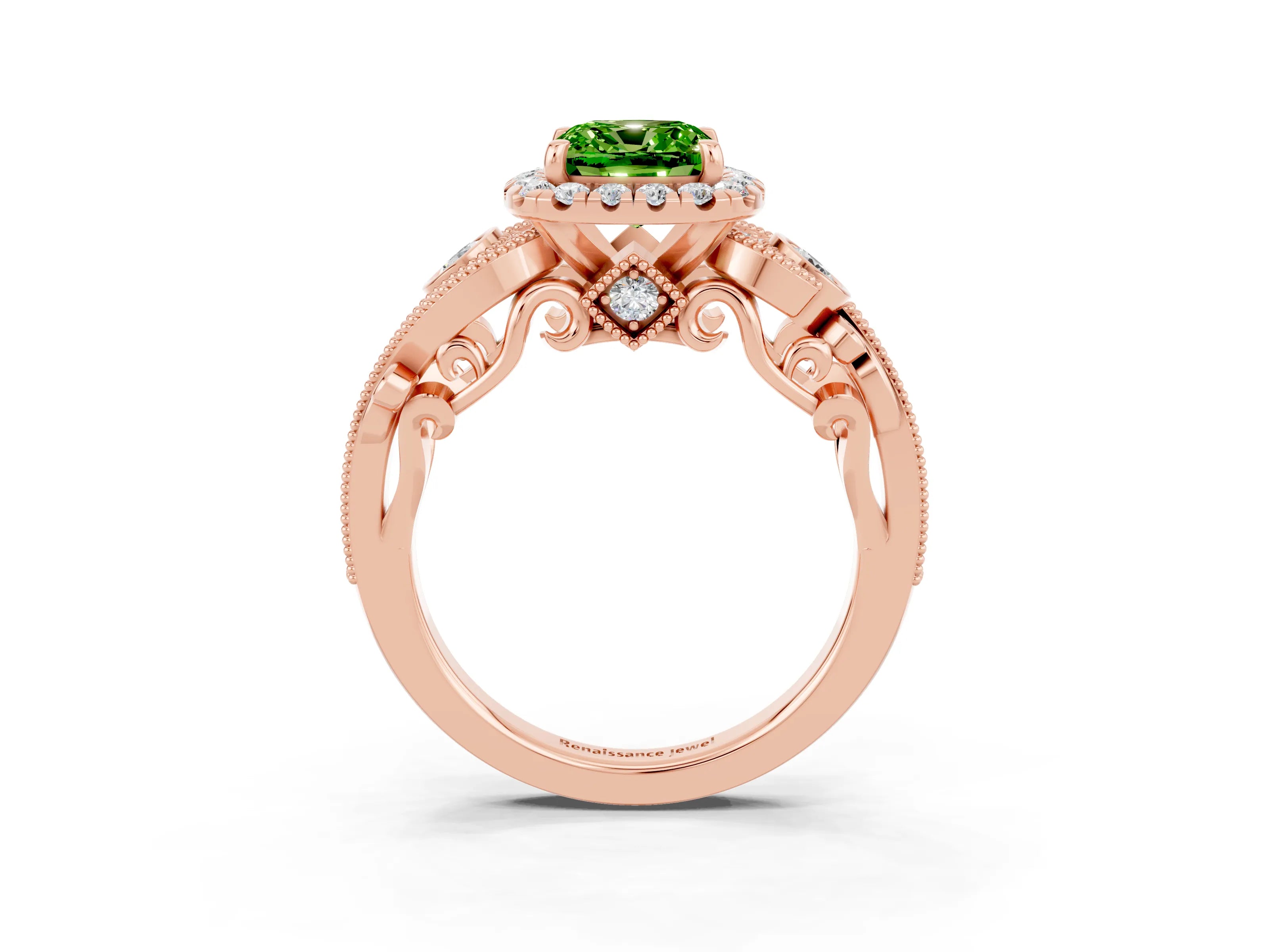 Rose gold Cushion Cut Peridot Halo Ring with Milgrain Pavé Band and Four-Prong Setting_15