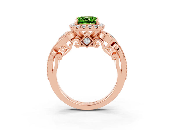 Rose gold Cushion Cut Peridot Halo Ring with Milgrain Pavé Band and Four-Prong Setting