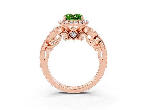 Rose gold Cushion Cut Peridot Halo Ring with Milgrain Pavé Band and Four-Prong Setting_15