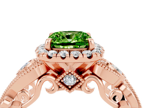 Rose gold Cushion Cut Peridot Halo Ring with Milgrain Pavé Band and Four-Prong Setting_16