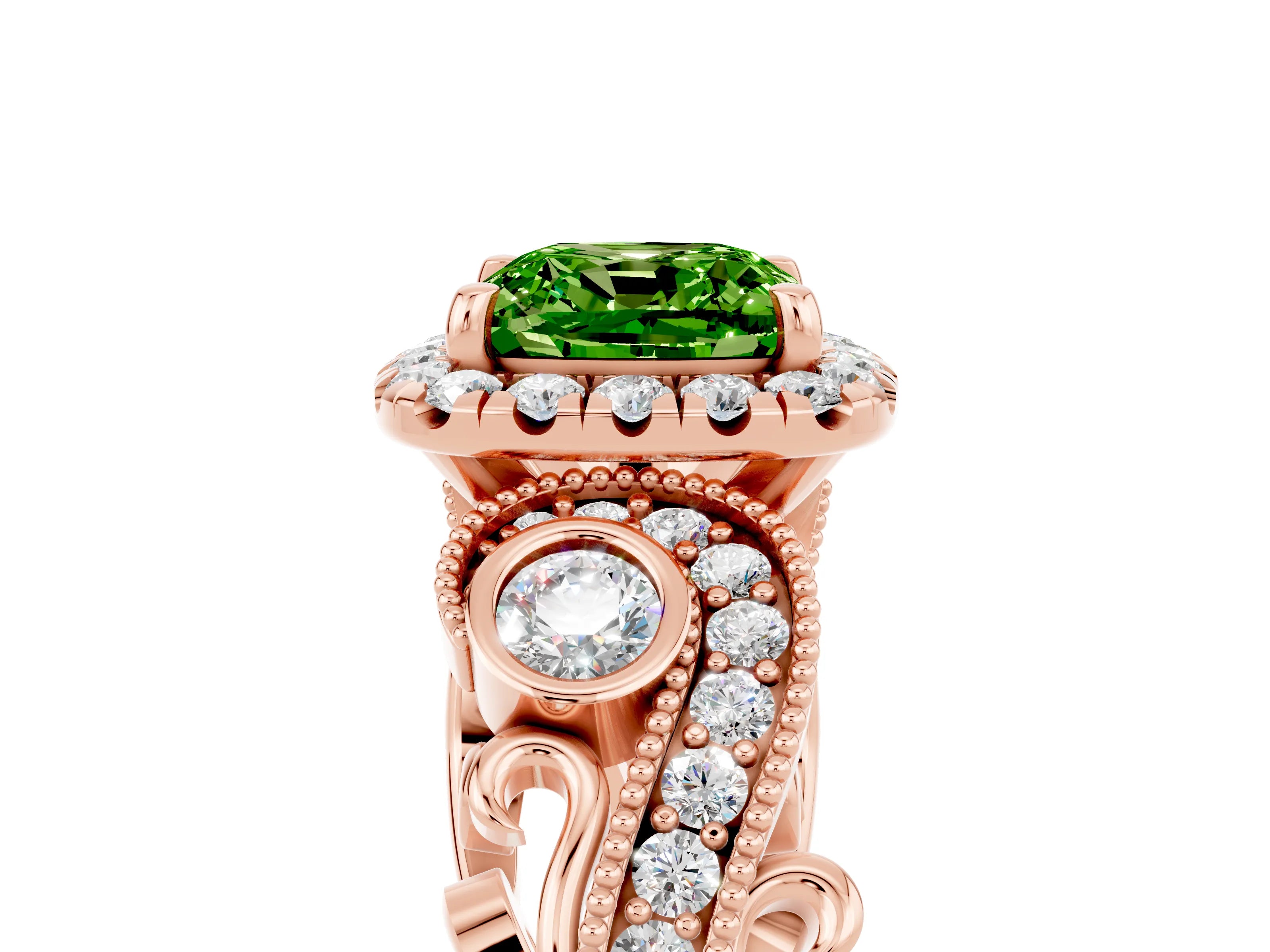 Rose gold Cushion Cut Peridot Halo Ring with Milgrain Pavé Band and Four-Prong Setting_17