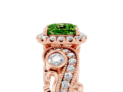 Rose gold Cushion Cut Peridot Halo Ring with Milgrain Pavé Band and Four-Prong Setting_17