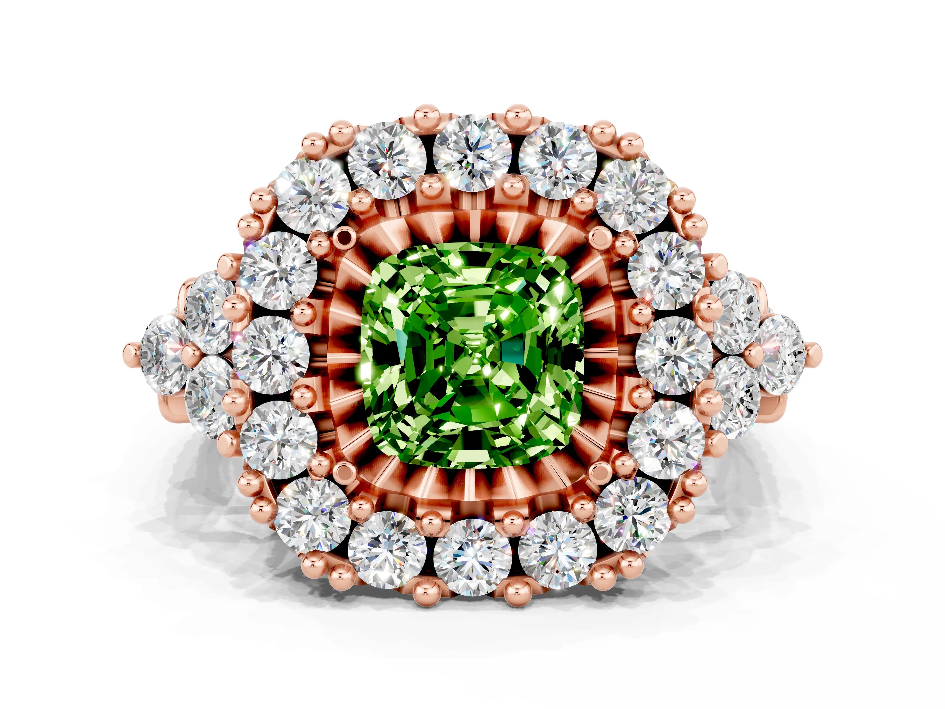 Rose gold Cushion Cut Peridot Halo Ring with Pavé Band and Four-Prong Setting_12