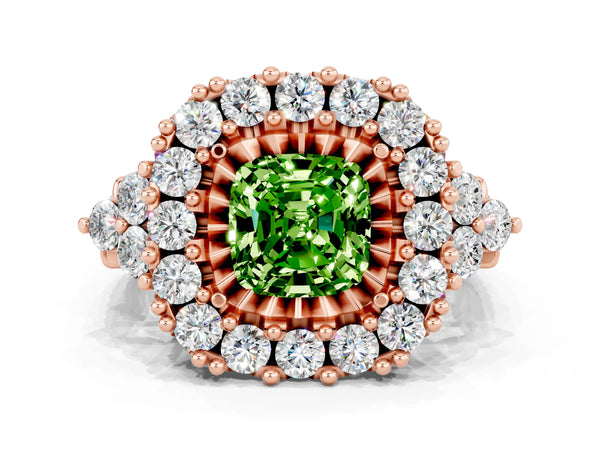 Rose gold Cushion Cut Peridot Halo Ring with Pavé Band and Four-Prong Setting