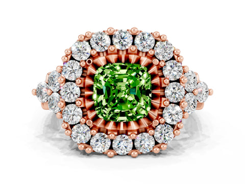 Rose gold Cushion Cut Peridot Halo Ring with Pavé Band and Four-Prong Setting_12