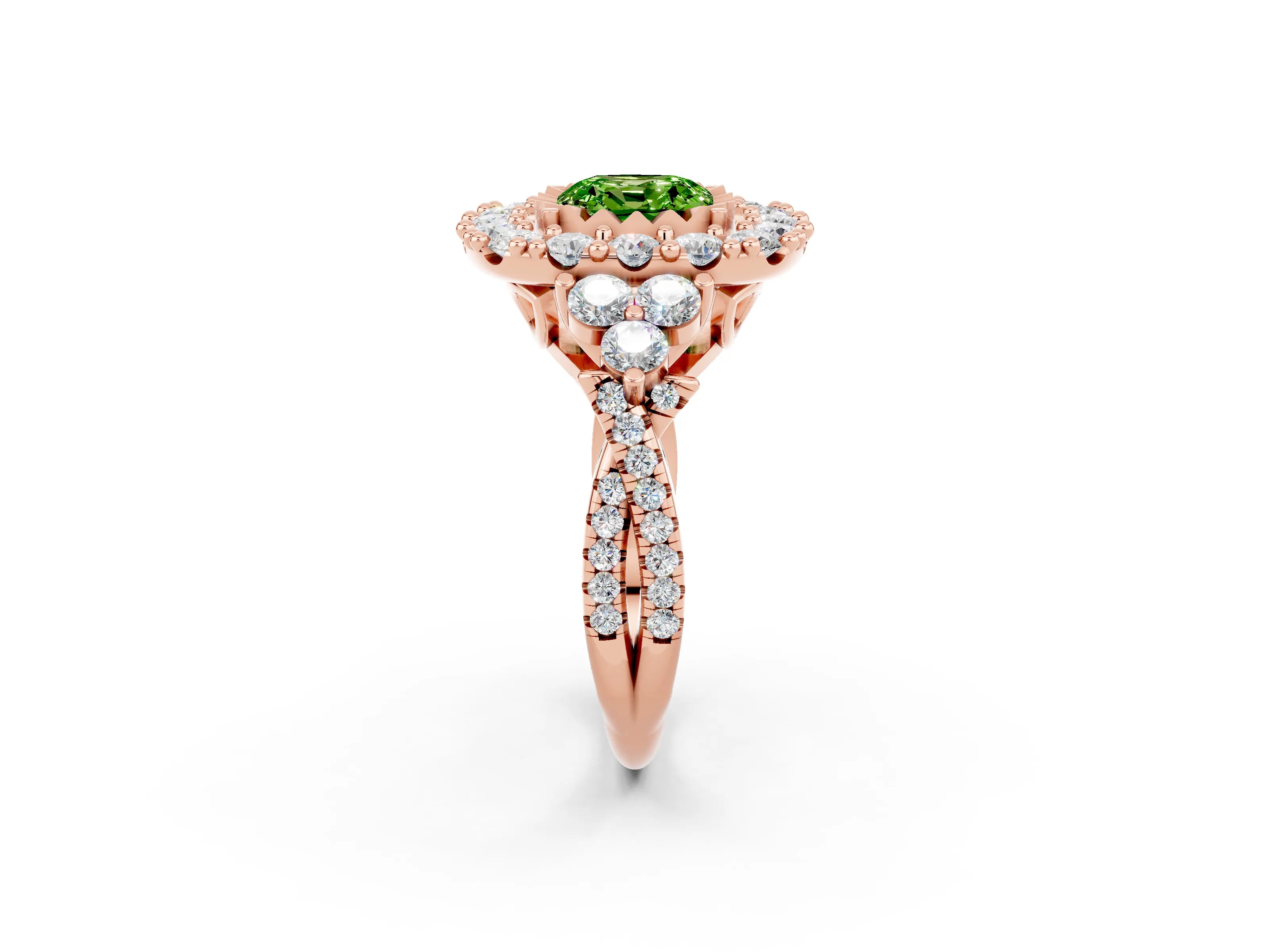 Rose gold Cushion Cut Peridot Halo Ring with Pavé Band and Four-Prong Setting_14
