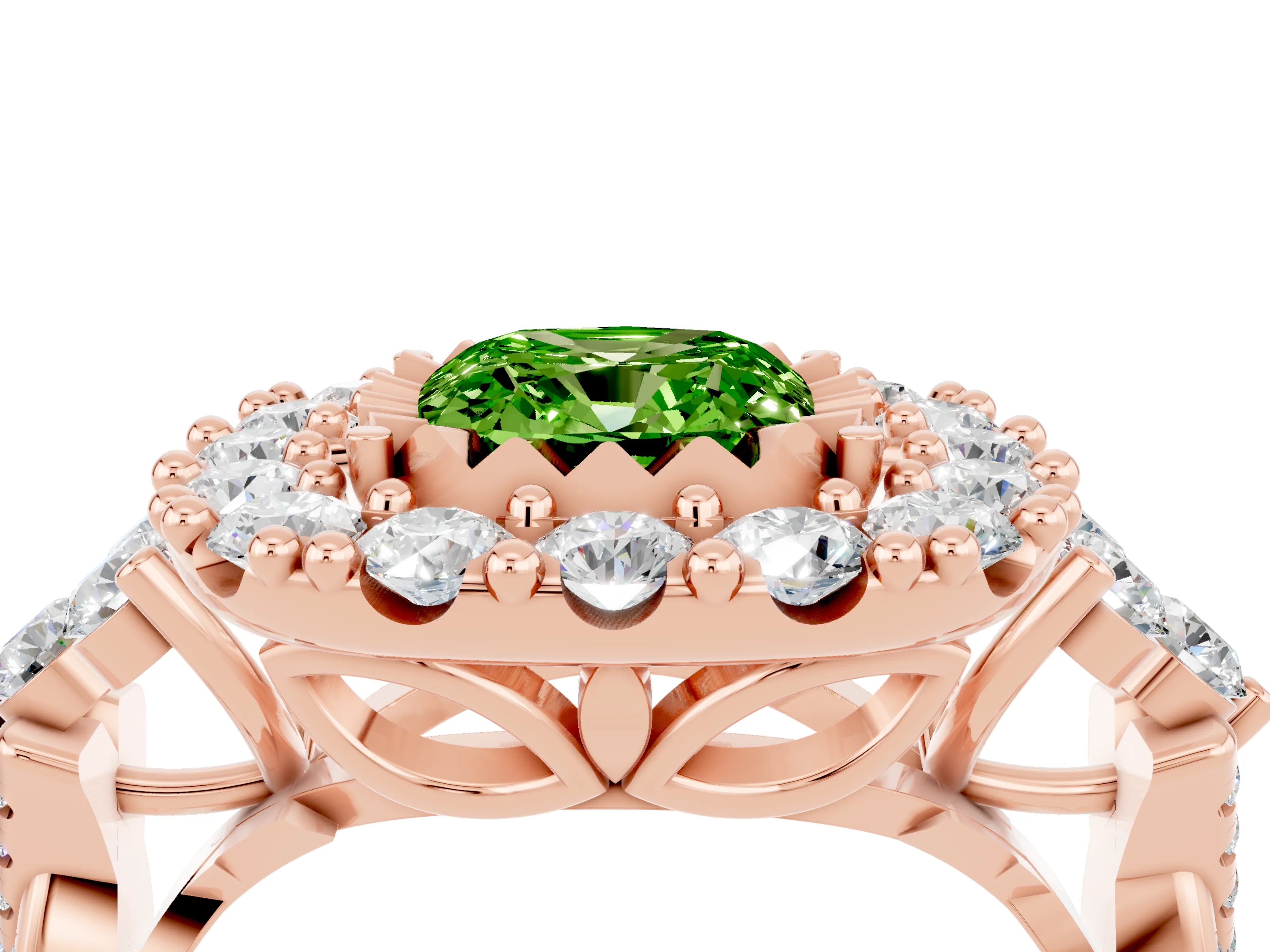 Rose gold Cushion Cut Peridot Halo Ring with Pavé Band and Four-Prong Setting_16