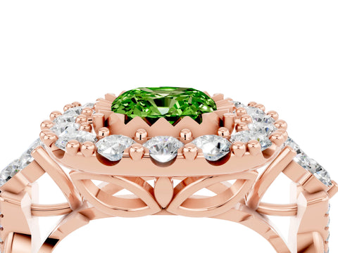 Rose gold Cushion Cut Peridot Halo Ring with Pavé Band and Four-Prong Setting_16