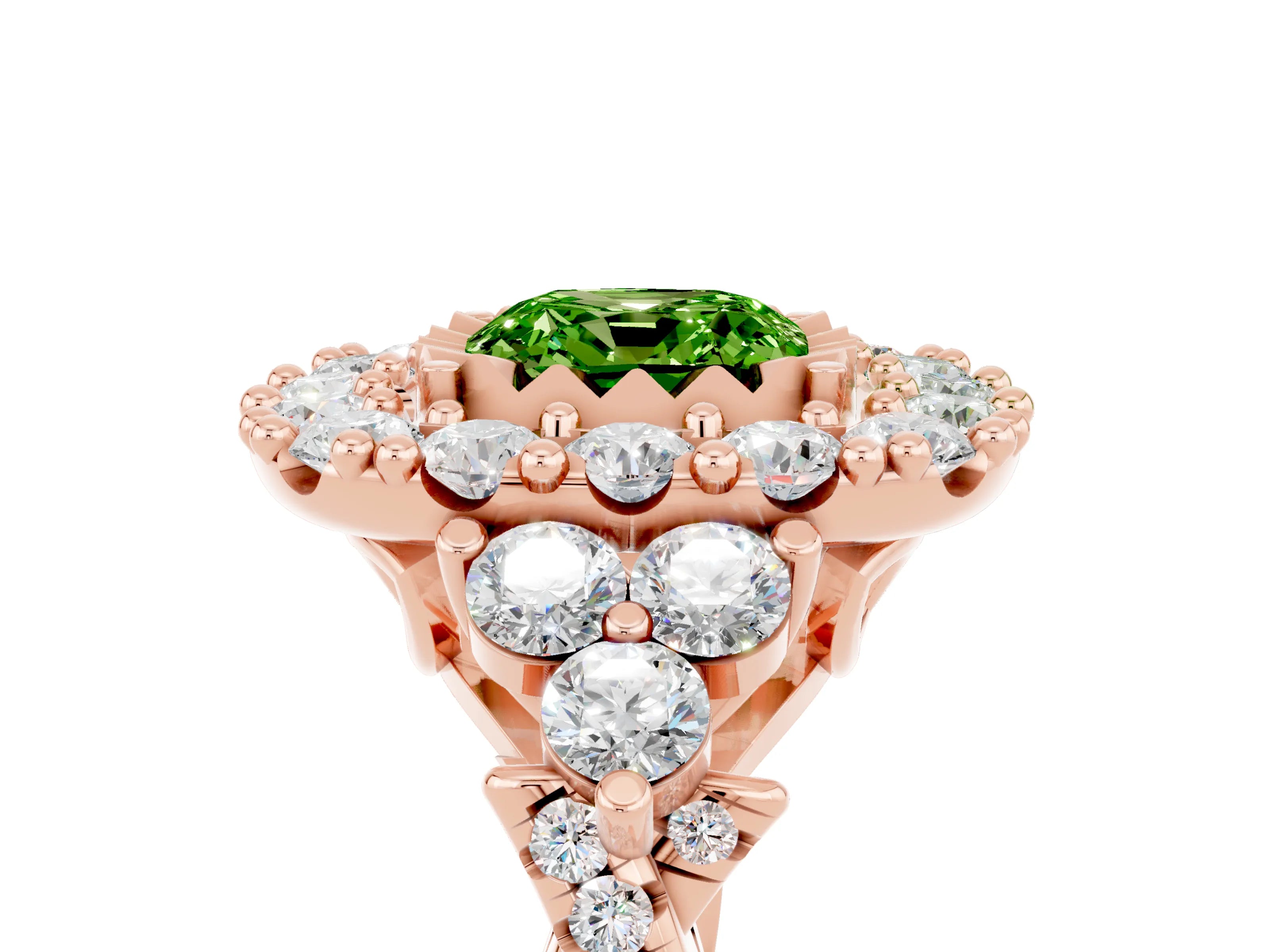Rose gold Cushion Cut Peridot Halo Ring with Pavé Band and Four-Prong Setting_17