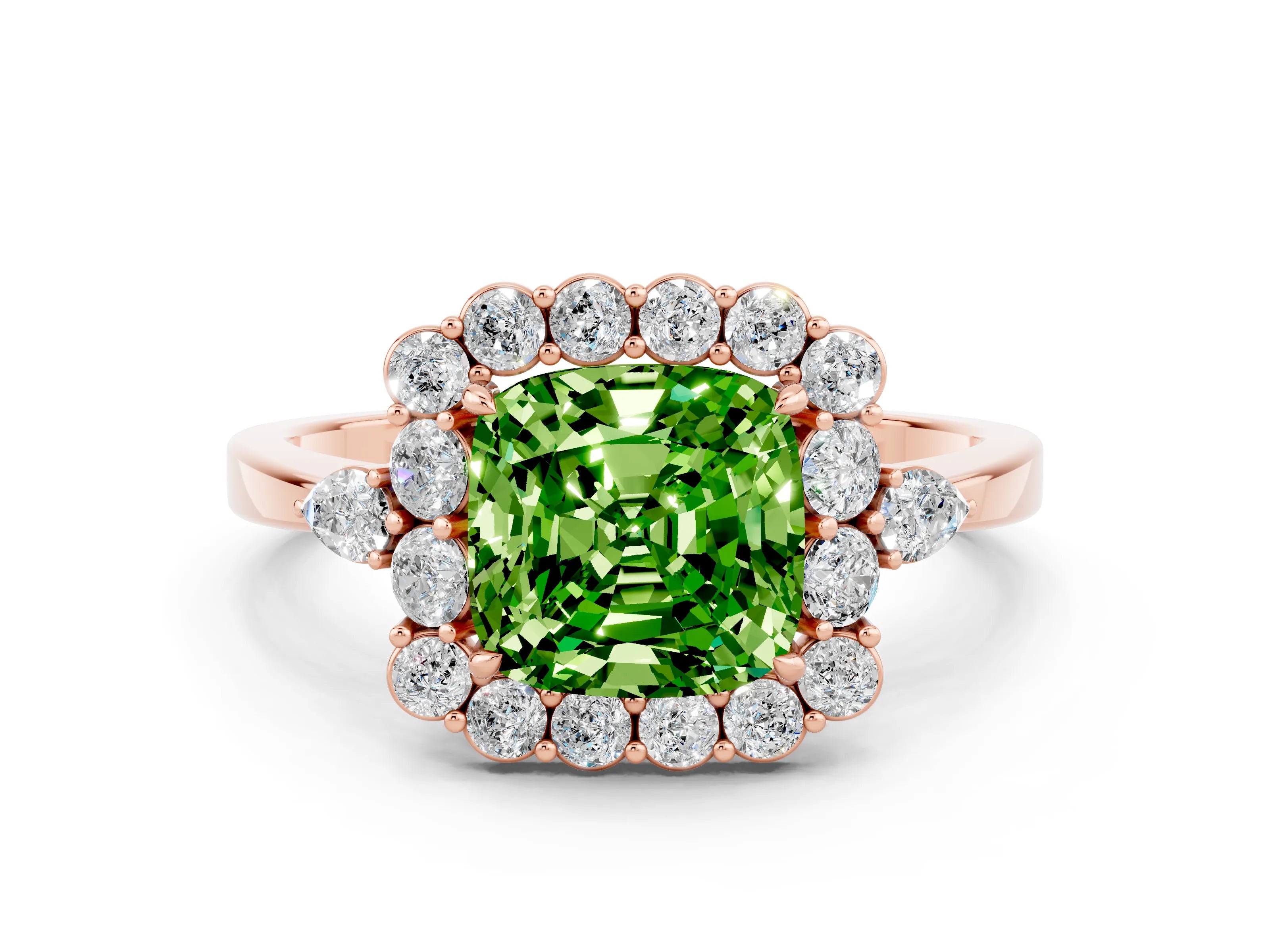 Rose gold Cushion Cut Peridot Halo Ring with Pear Side Stones and Prong Setting_12