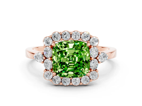 Rose gold Cushion Cut Peridot Halo Ring with Pear Side Stones and Prong Setting
