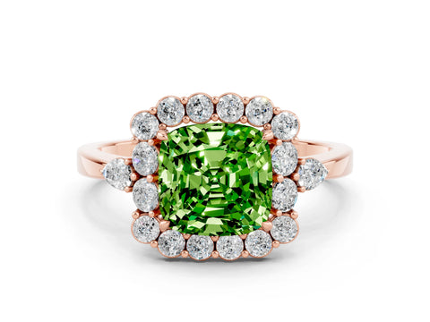 Rose gold Cushion Cut Peridot Halo Ring with Pear Side Stones and Prong Setting_12