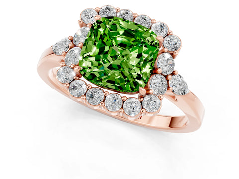 Rose gold Cushion Cut Peridot Halo Ring with Pear Side Stones and Prong Setting_13