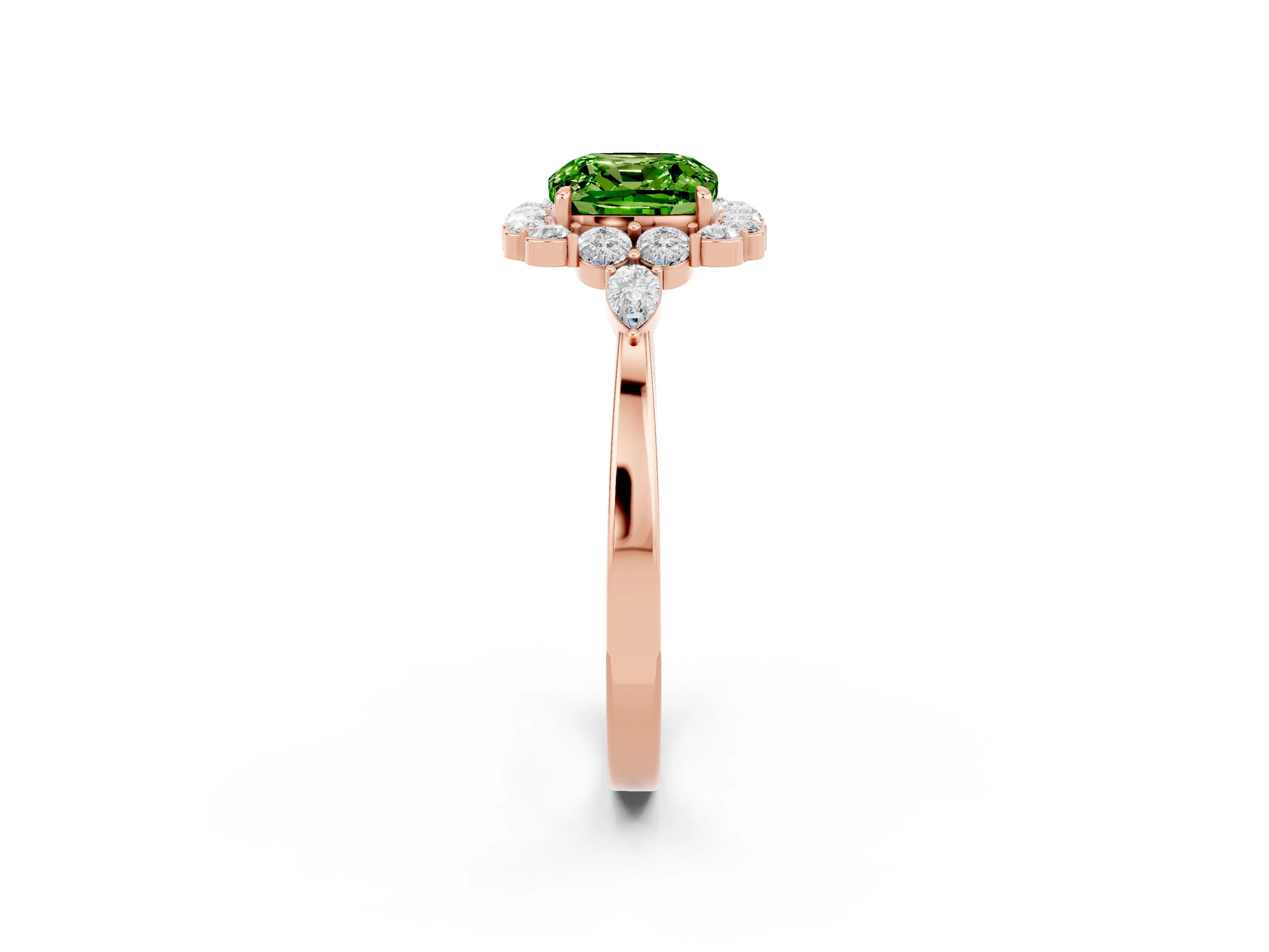 Rose gold Cushion Cut Peridot Halo Ring with Pear Side Stones and Prong Setting_14