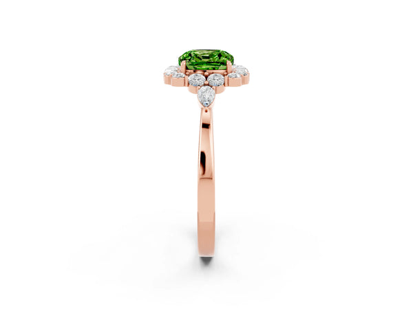 Rose gold Cushion Cut Peridot Halo Ring with Pear Side Stones and Prong Setting