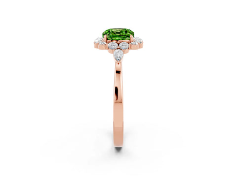 Rose gold Cushion Cut Peridot Halo Ring with Pear Side Stones and Prong Setting_14
