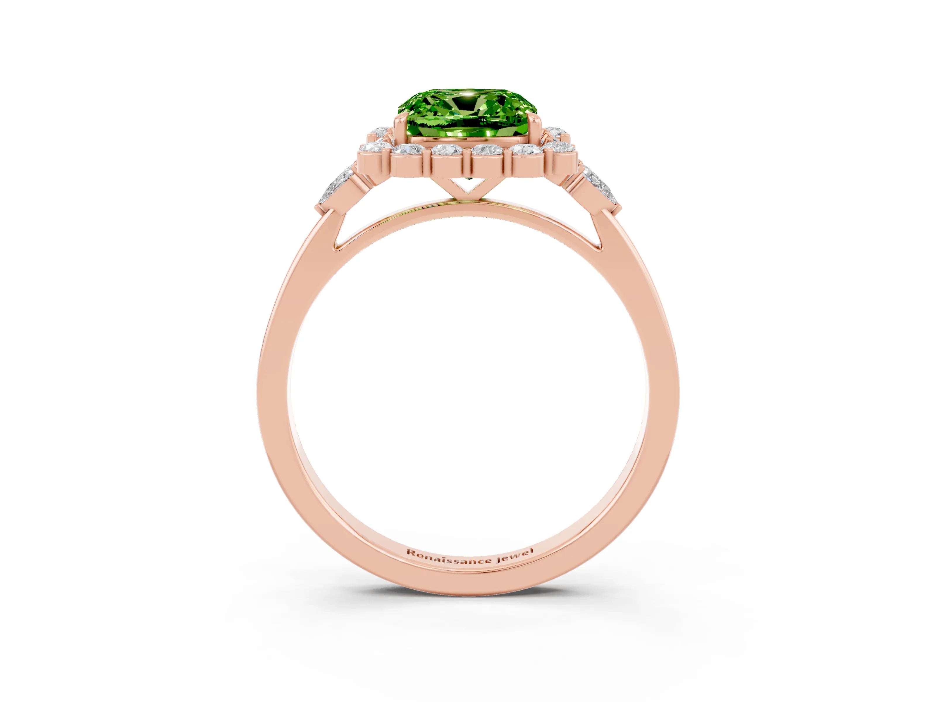 Rose gold Cushion Cut Peridot Halo Ring with Pear Side Stones and Prong Setting_15