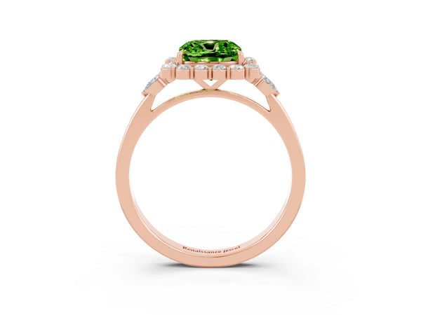 Rose gold Cushion Cut Peridot Halo Ring with Pear Side Stones and Prong Setting