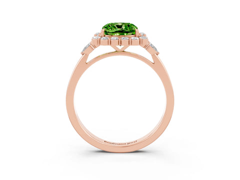 Rose gold Cushion Cut Peridot Halo Ring with Pear Side Stones and Prong Setting_15