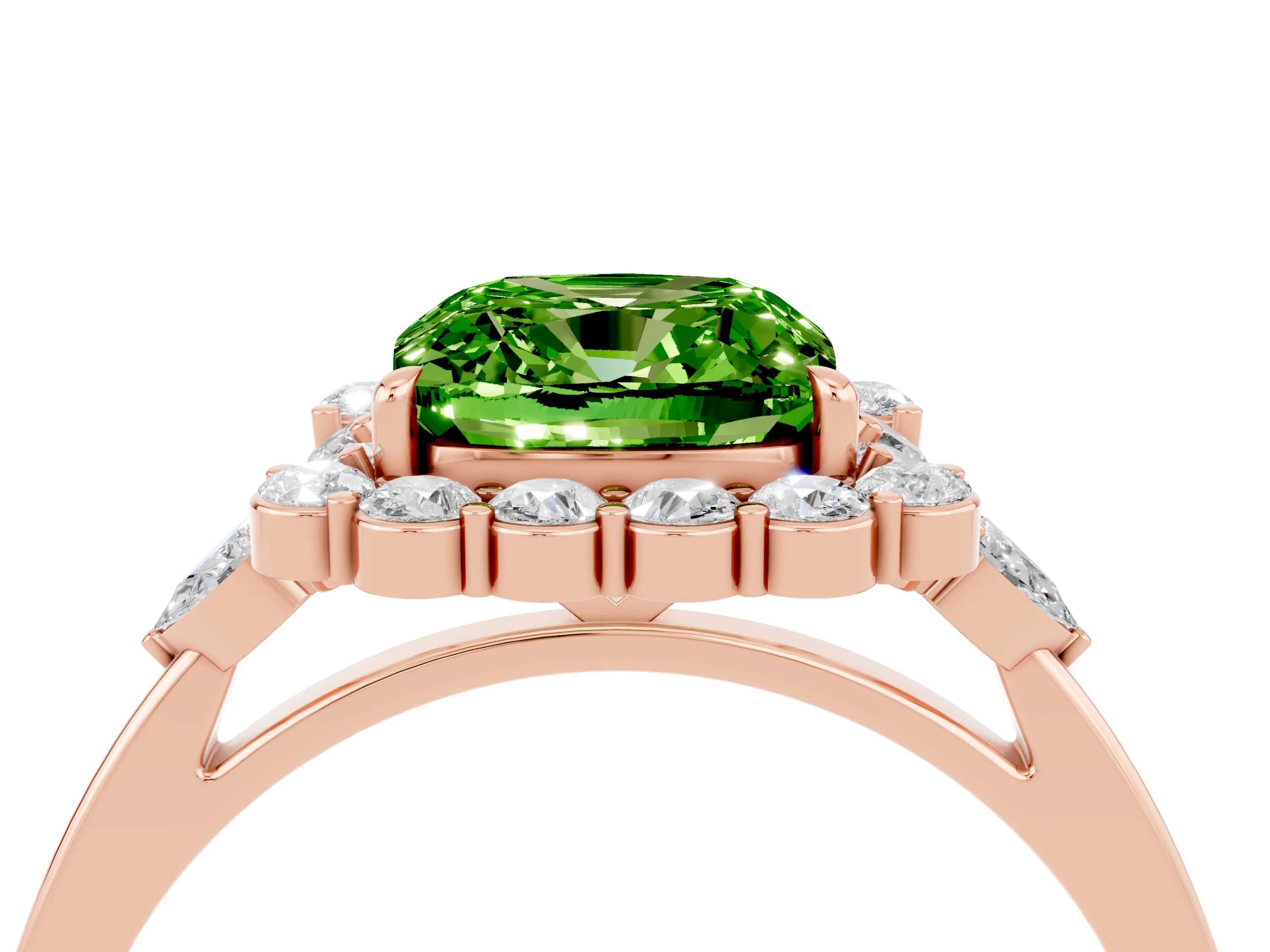 Rose gold Cushion Cut Peridot Halo Ring with Pear Side Stones and Prong Setting_16