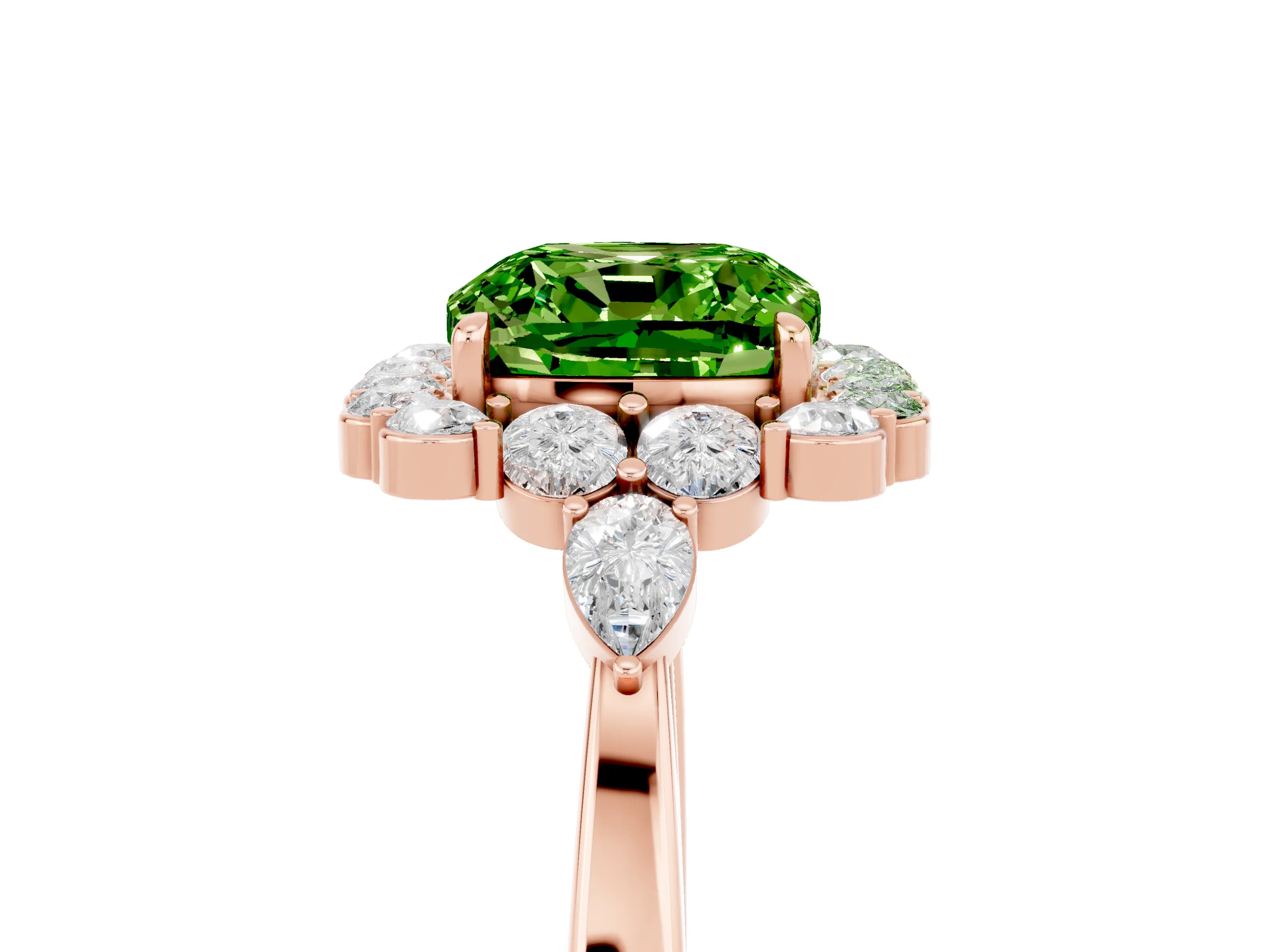 Rose gold Cushion Cut Peridot Halo Ring with Pear Side Stones and Prong Setting_17