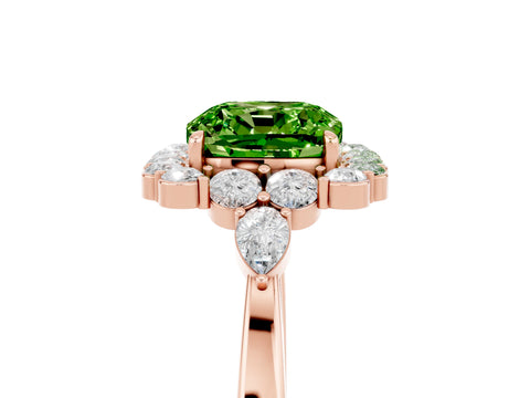 Rose gold Cushion Cut Peridot Halo Ring with Pear Side Stones and Prong Setting_17
