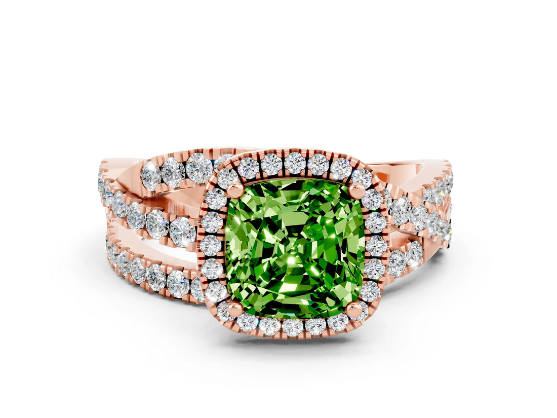 Rose gold Cushion Cut Peridot Halo Ring with Round Split Shank and Prong Setting_48