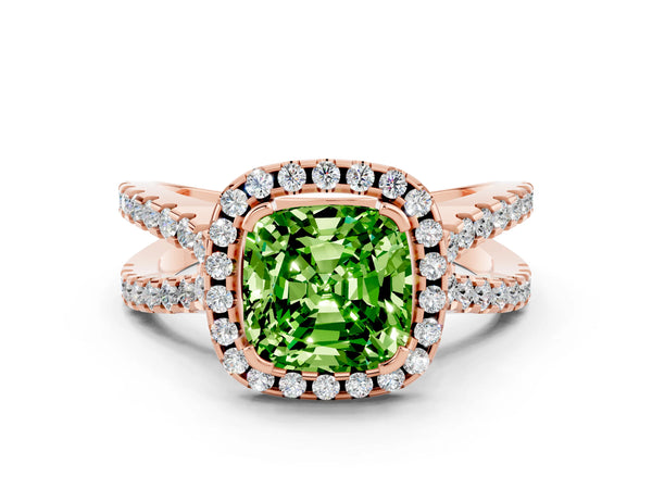 Rose gold Cushion Cut Peridot Halo Ring with Split Shank Pavé Band and Prong Setting