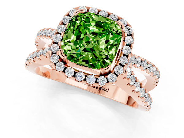 Rose gold Cushion Cut Peridot Halo Ring with Split Shank Pavé Band and Prong Setting