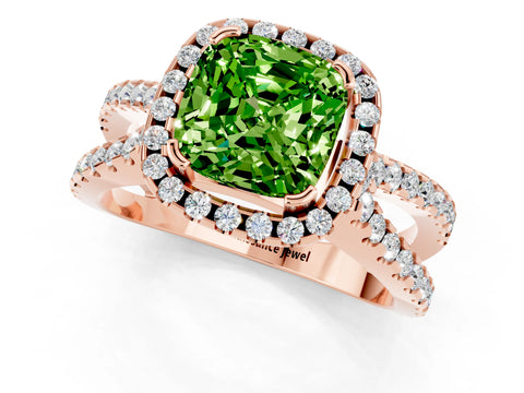 Rose gold Cushion Cut Peridot Halo Ring with Split Shank Pavé Band and Prong Setting_1