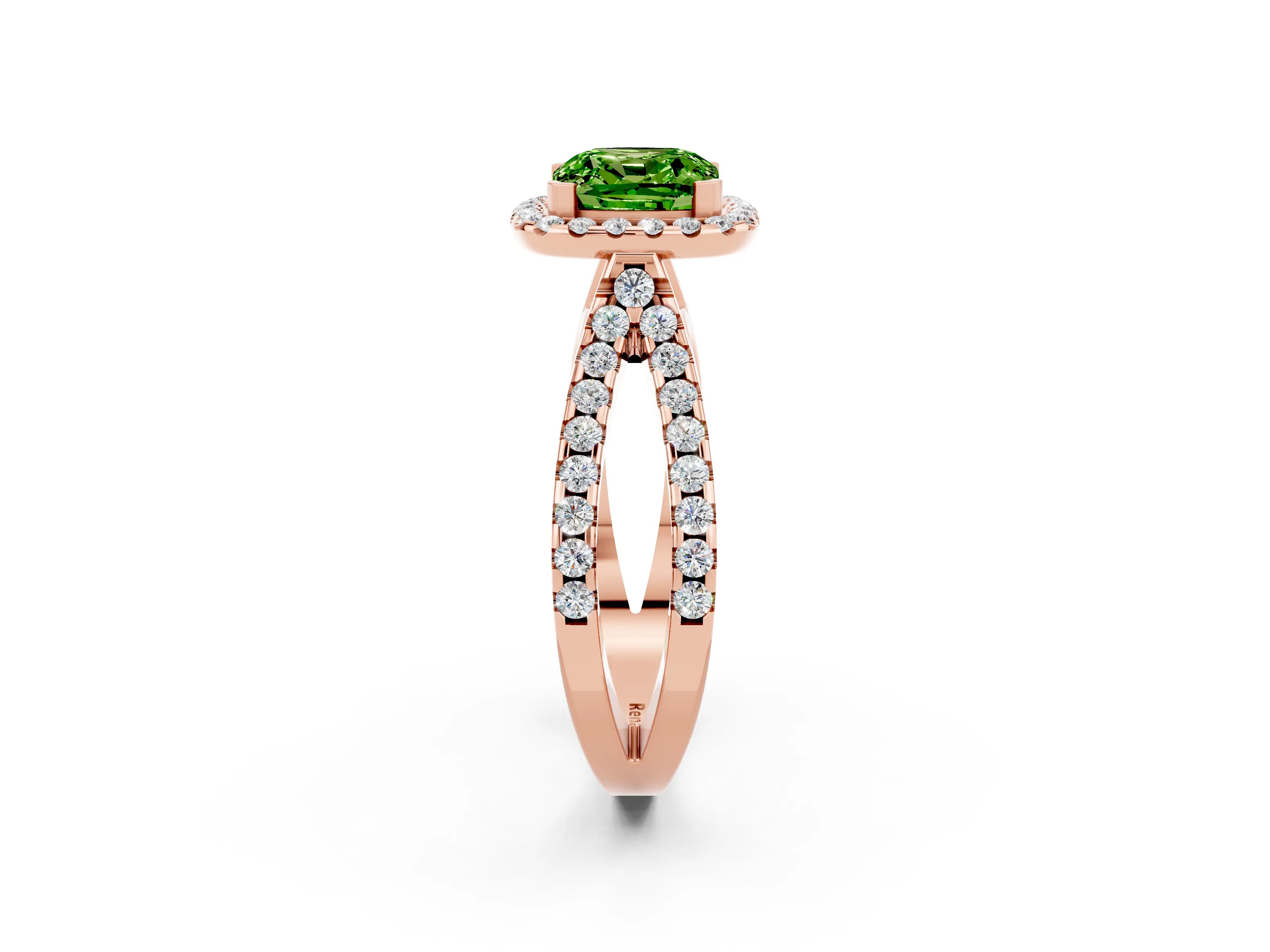 Rose gold Cushion Cut Peridot Halo Ring with Split Shank Pavé Band and Prong Setting_2
