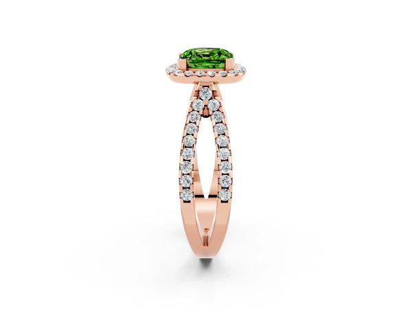 Rose gold Cushion Cut Peridot Halo Ring with Split Shank Pavé Band and Prong Setting