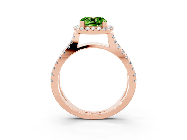 Rose gold Cushion Cut Peridot Halo Ring with Split Shank Pavé Band and Prong Setting