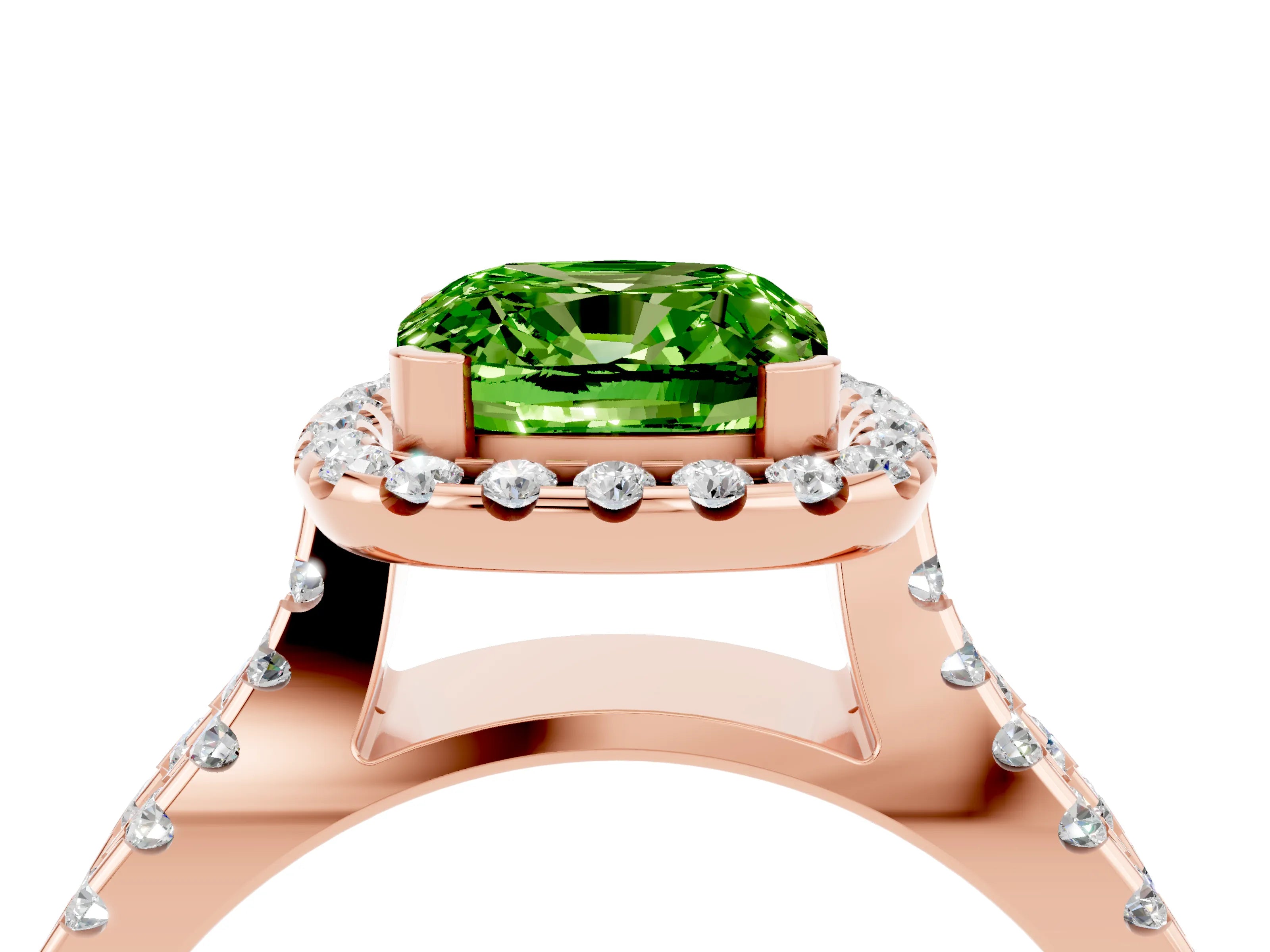 Rose gold Cushion Cut Peridot Halo Ring with Split Shank Pavé Band and Prong Setting_4