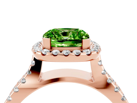 Rose gold Cushion Cut Peridot Halo Ring with Split Shank Pavé Band and Prong Setting_4