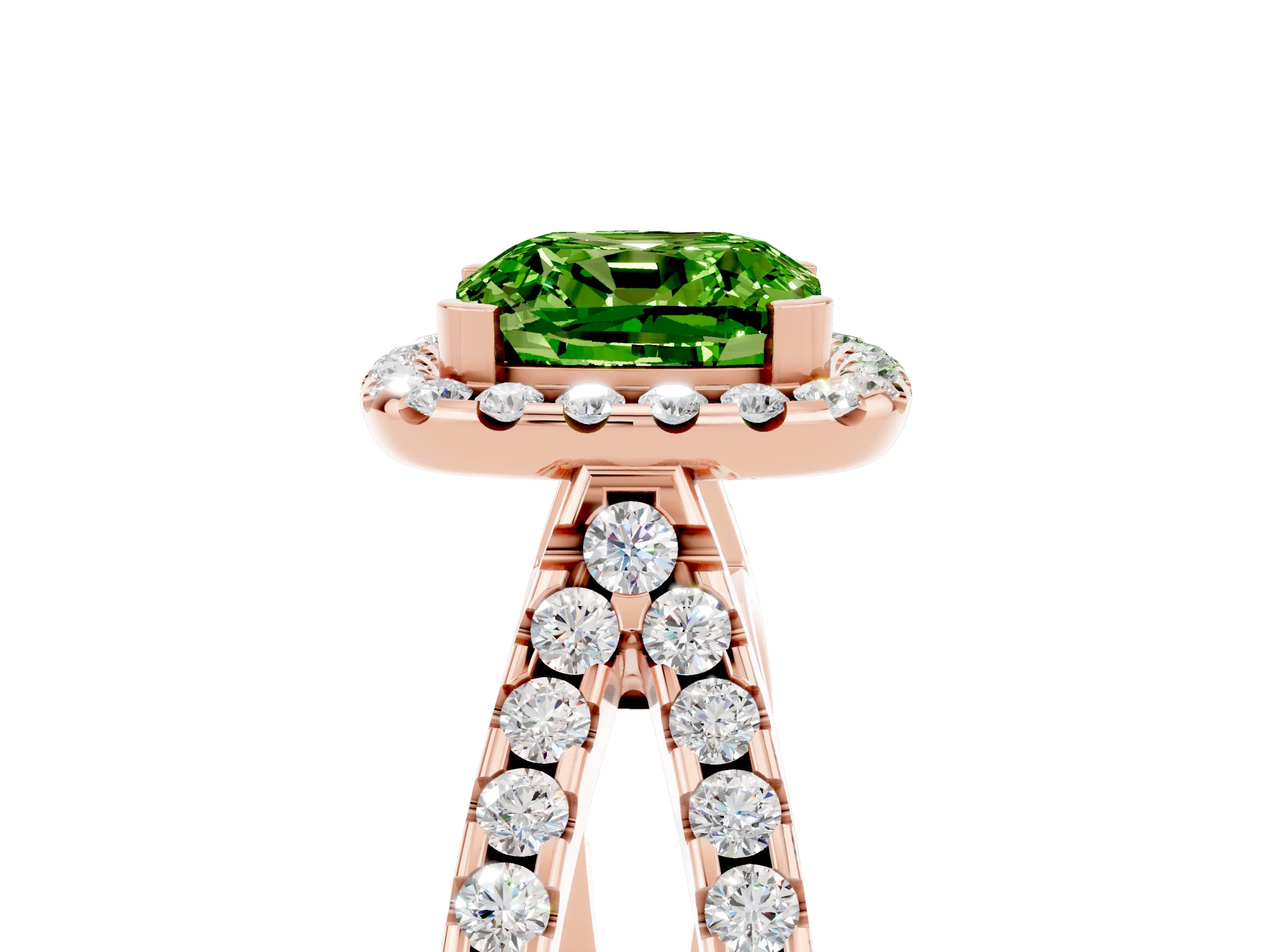 Rose gold Cushion Cut Peridot Halo Ring with Split Shank Pavé Band and Prong Setting_5