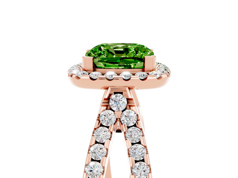 Rose gold Cushion Cut Peridot Halo Ring with Split Shank Pavé Band and Prong Setting_5