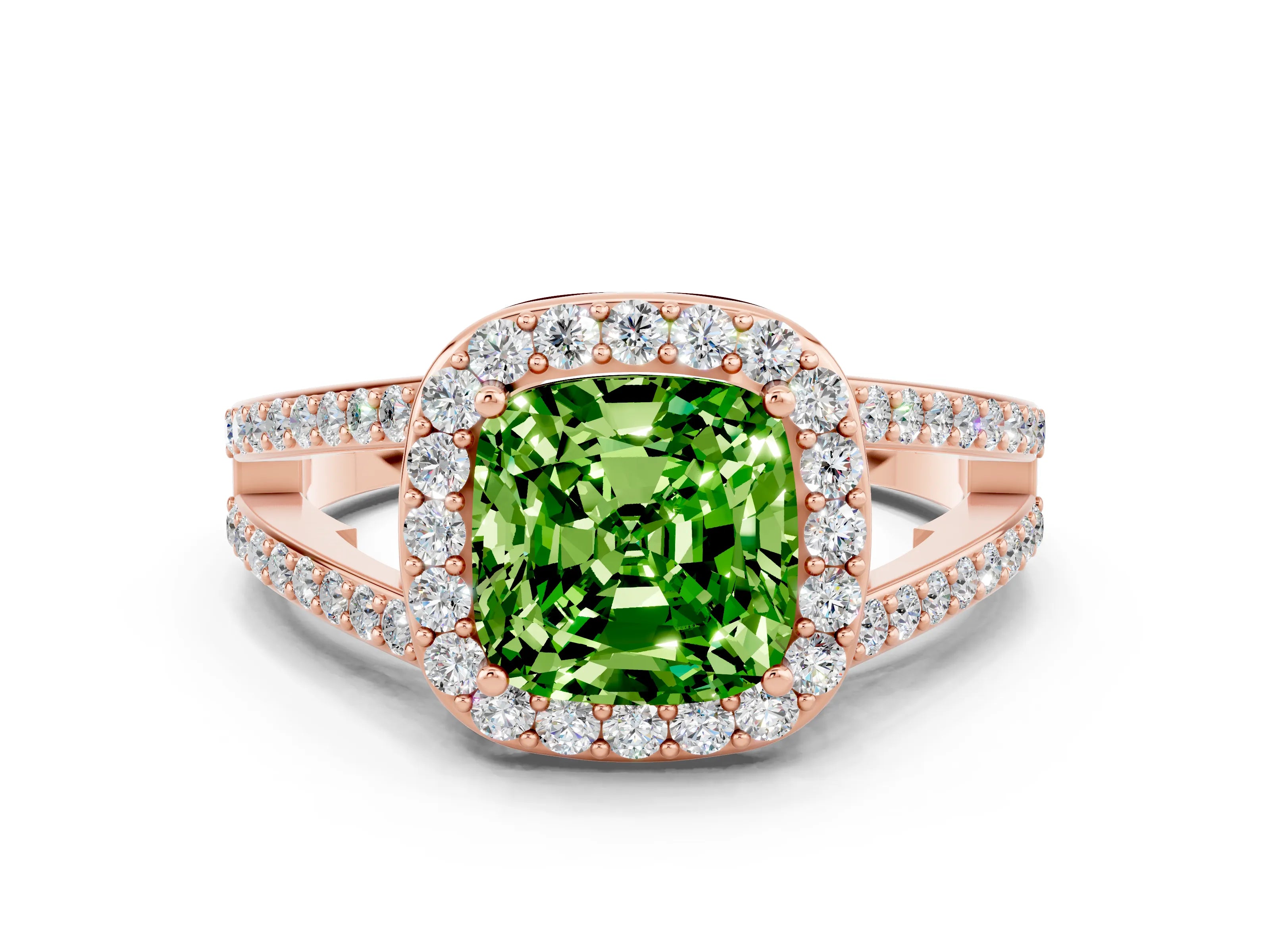 Rose gold Cushion Cut Peridot Halo Ring with Split Shank U-Prong Band and Four-Prong Setting