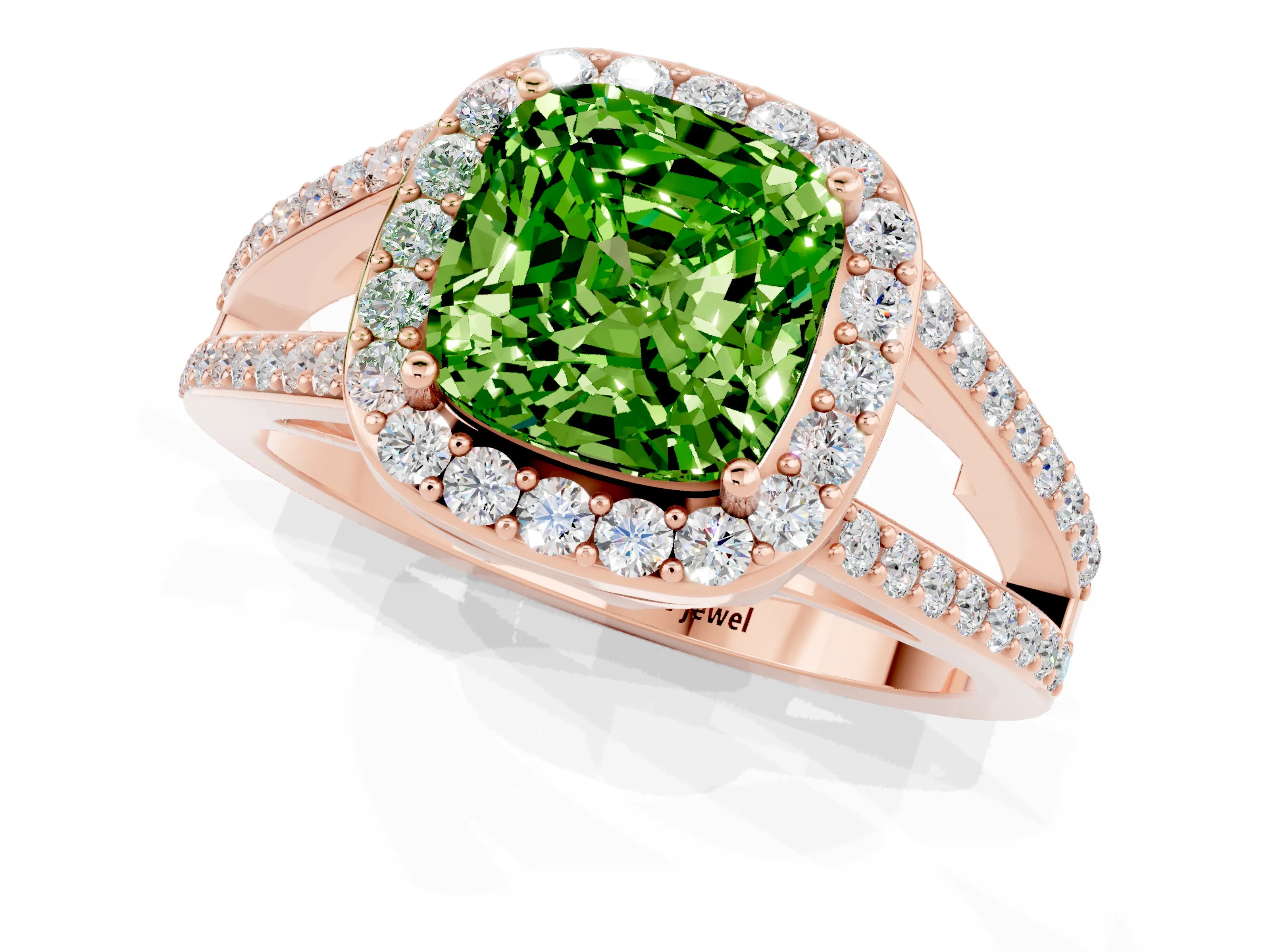 Rose gold Cushion Cut Peridot Halo Ring with Split Shank U-Prong Band and Four-Prong Setting_1