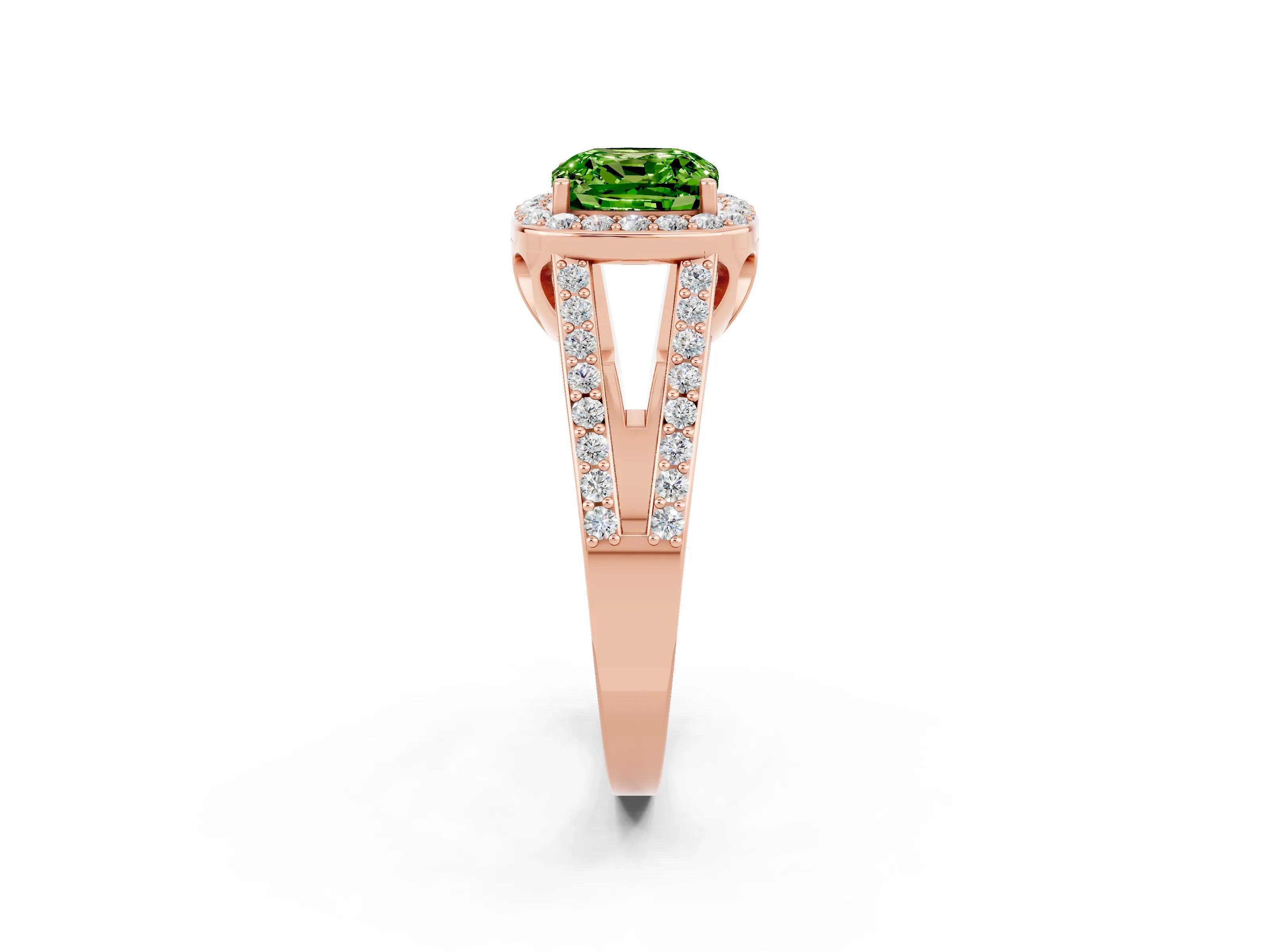 Rose gold Cushion Cut Peridot Halo Ring with Split Shank U-Prong Band and Four-Prong Setting_2