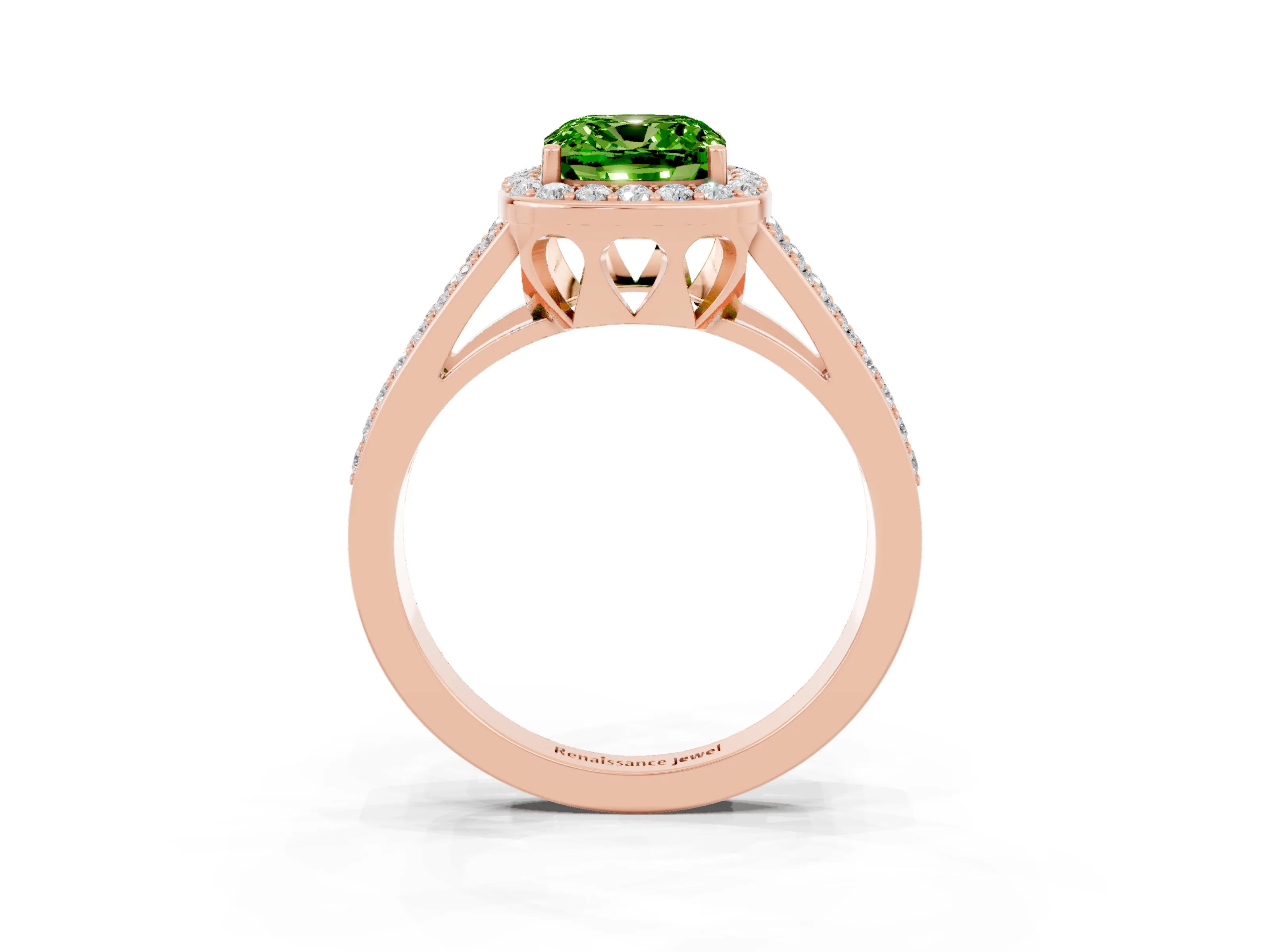 Rose gold Cushion Cut Peridot Halo Ring with Split Shank U-Prong Band and Four-Prong Setting_3
