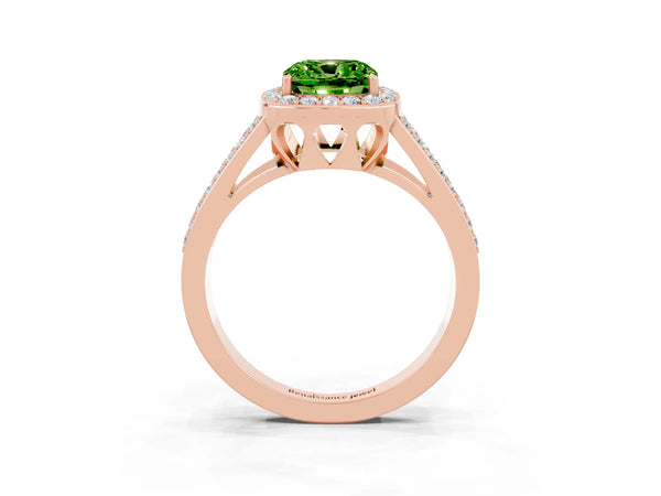 Rose gold Cushion Cut Peridot Halo Ring with Split Shank U-Prong Band and Four-Prong Setting
