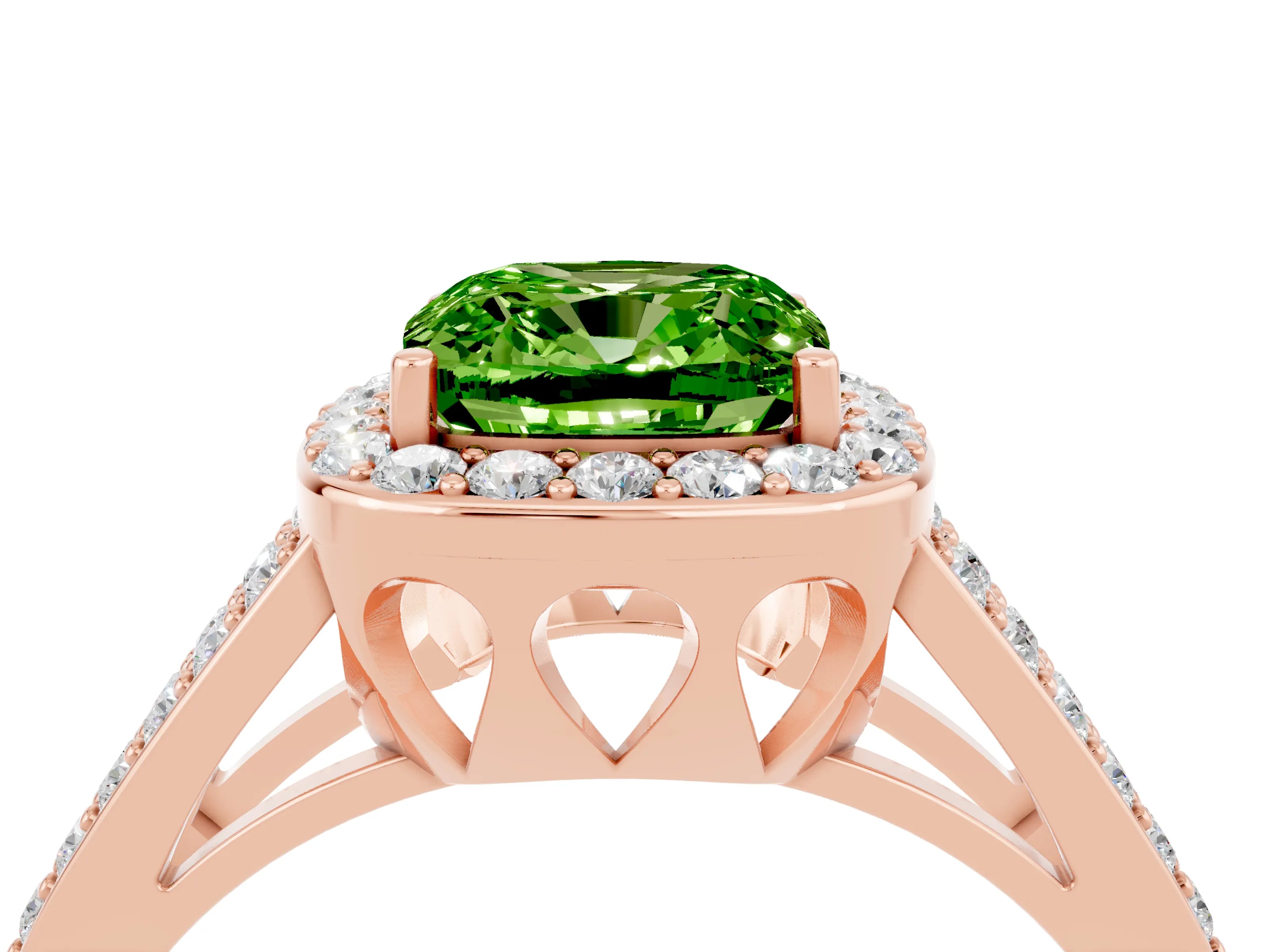Rose gold Cushion Cut Peridot Halo Ring with Split Shank U-Prong Band and Four-Prong Setting_4
